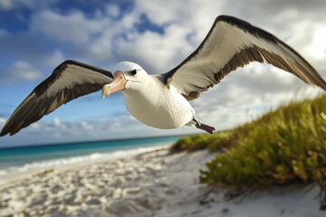 Seagull is flying over a beach with a clear blue sky. The bird is in the middle of the sky and is the main focus of the image. The beach is sandy and stretches out in the background