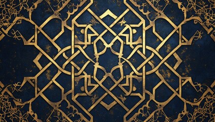 Gold knotwork pattern on dark blue textured background, design element