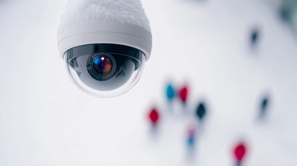 Surveillance camera monitoring snowy scene with people playing