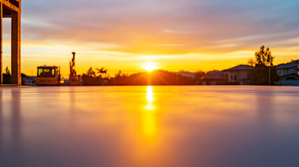 Naklejka premium beautiful sunset reflecting on smooth surface, with construction equipment in background