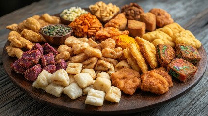 Fototapeta premium Close up of a wooden tray full of assorted snacks, including chips and veggie crisps. A variety of dips are available for the treats. Perfect for parties or snack times.