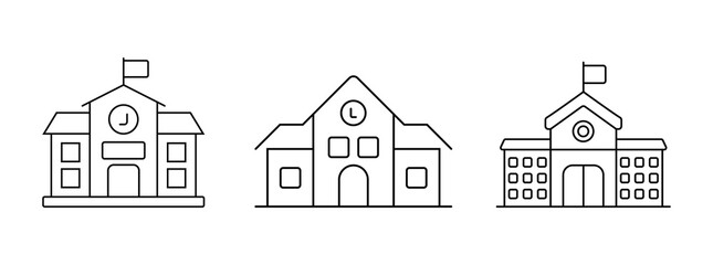 Schoolhouse building outline icon , academic and learning institution set