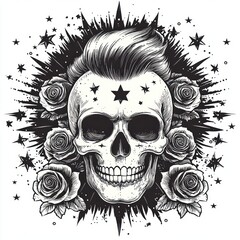 Obraz premium Punk Skull with Mohawk Surrounded by Roses and Stars in Black and White Tattoo Style