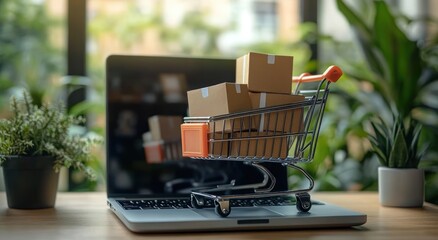 Modern Digital Workspace with Shopping Cart Figurine and Cardboard Boxes on Laptop