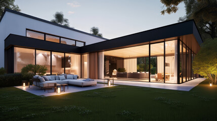 Fototapeta premium A modern farmhouse-style home exterior at dusk