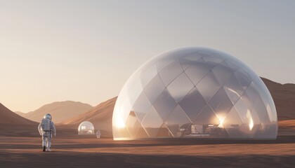 Exploration of futuristic domes martian landscape digital art warm sunset wide angle human ingenuity