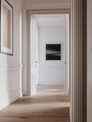 A hallway with a black and white painting on the wall. The hallway is very long and has a lot of white walls