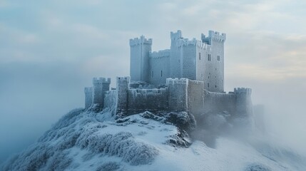 A winter castle standing atop a frozen hill, its stone walls covered in delicate frost patterns