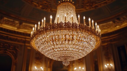 Obraz premium Elegant chandelier lighting display historic palace interior design luxurious ambiance close-up view opulent aesthetics