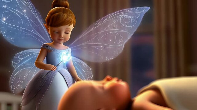 Fairy tooth is holding a wand and standing next to a baby. The fairy is smiling and the baby is sleeping