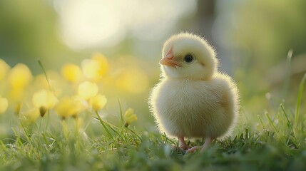 A fluffy yellow chick explores fresh green grass, surrounded by gentle yellow flowers that blur softly in the background, evoking peace and innocence during a warm day in nature