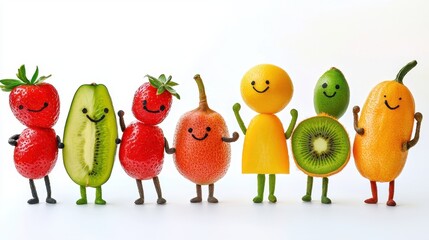 Colorful and Playful Fruit Characters with Smiling Faces and Cheerful Expressions in a Bright Setting