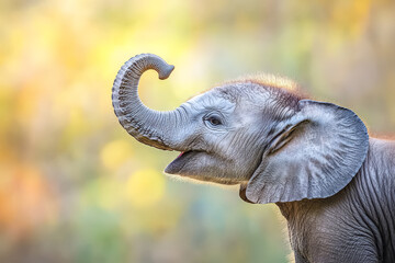 Fototapeta premium Baby elephant is standing in a field of tall grass. The elephant is looking at the camera and he is happy