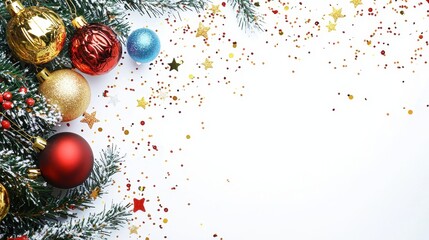 Festive Christmas Ornaments and Sprinkles on a White Background with Pine Branches and Glittering Stars