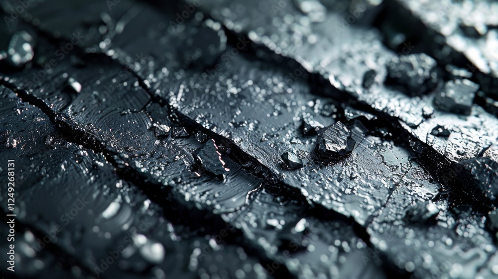 Leinwandbilder textured black surface displays irregular shards and tiny droplets of water, reflecting light from n