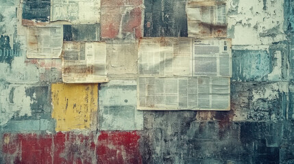 Old newspapers create a textured wall backdrop with layers of peeling paint that reveal the passage of time and neglect