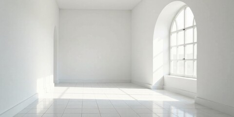 Fototapeta premium Sunlit Empty Room with Archway and Large Window, Ideal for Interior Design Presentations and Real Estate Visualizations