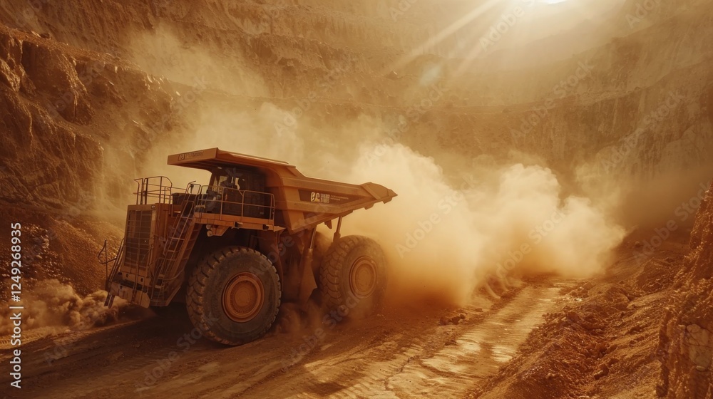 Aufkleber Massive mining truck drives along a dirt road in an expansive open pit mine at dusk. Dust clouds rise into the air as sunlight filters through, highlighting the mining activity.