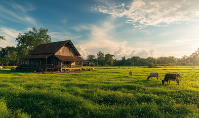 Obraz premium Cows grazing in lush green fields rural farm nature photography serene landscape wide-angle view organic & natural food concept