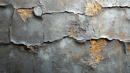 Obraz premium Cracked gray wall texture revealing a weathered surface with patches of orange, showcasing the passage of time and elements