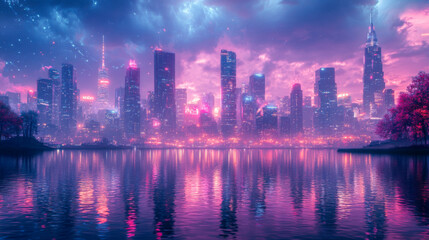 Fototapeta premium Vibrant city skyline with towering skyscrapers reflecting on serene waters during twilight hours