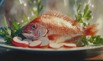 Red snapper, garnished with radishes and parsley, on a plate.  Food photography for recipe or restaurant menu
