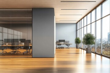 Obraz premium Minimalistic Modern Office Interior with Large Windows and Wooden Flooring