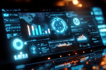 Futuristic Data Visualization Interface with Glowing Blue Holographic Screens and Analytics in Modern Office Environment