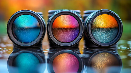 Colorful camera lenses reflecting autumn colors on wet surface