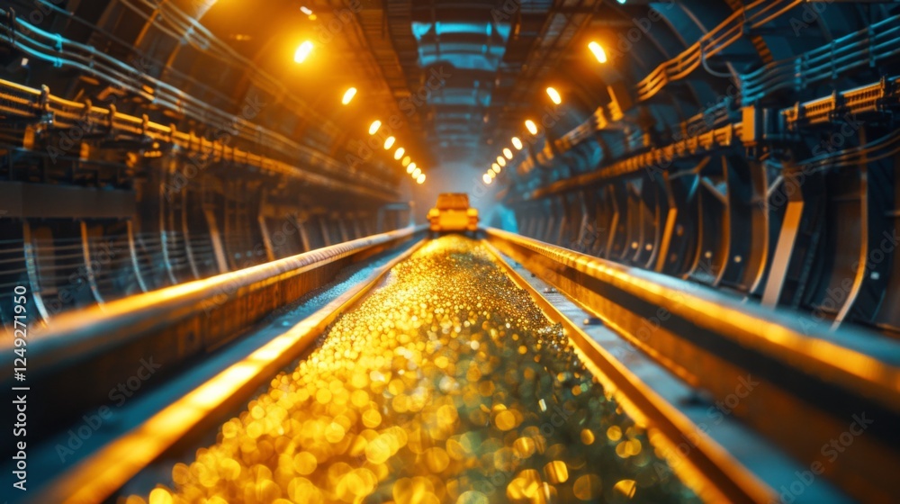 Poster a train moves swiftly along metallic tracks in a bustling underground tunnel, illuminated by warm or