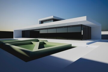 Fototapeta premium Modern minimalist house design with large windows and a unique green pool feature.
