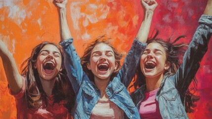 Naklejka premium Three excited young women cheering together, celebrating their friendship