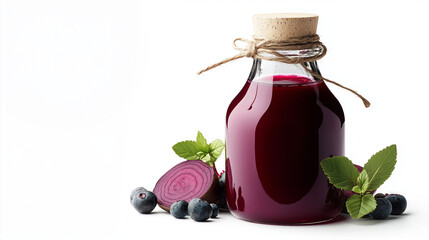 Bottle of beetroot juice with blueberries and mint on white background