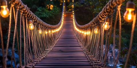 Obraz premium rope wooden bridge and bulb light decorated with warming twilight evening