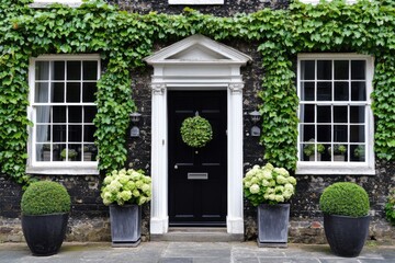 A lovely black door is beautifully framed by vibrant green foliage in a picturesque neighborhood, adorned with seasonal flowers and elegant pots that add a touch of charm