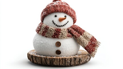 Fototapeta premium Festive snowman with winter hat and scarf on wooden stump, isolated white background
