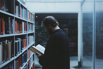 Fototapeta premium Man Reading in a Serene Library