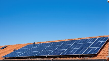 Solar panels on a roof under a clear blue sky, showcasing renewable energy technology.