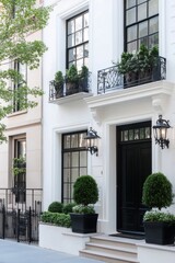 Fototapeta premium This sophisticated townhouse, adorned with striking black accents and surrounded by vibrant greenery, offers a serene escape in a peaceful urban neighborhood bathed in daylight