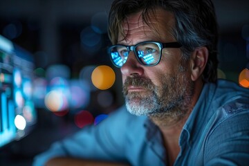 A businessman focused intently on cybersecurity and software design, illuminated by the glow of his computer screen in the late night office.