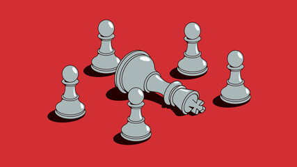 Chess pawns surrounding toppled king