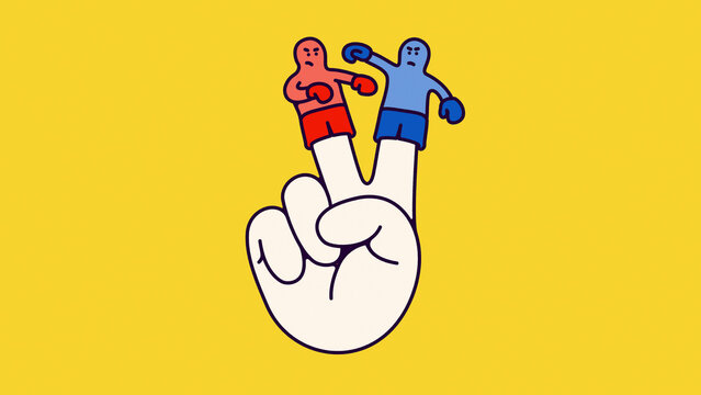 Red and blue finger puppets fighting on hand making victory gesture