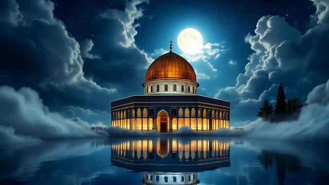 Golden Dome of the Rock at Night: A Majestic Jerusalem Nightscape. Illuminated by the moon, the iconic Dome shimmers, a breathtaking symbol of faith and history under the starlit sky. A captivating   