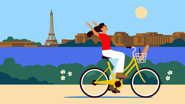Carefree woman cycling in Paris