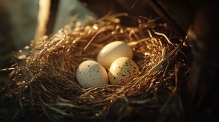 Obraz premium Three speckled eggs nestled in sunlit straw nest