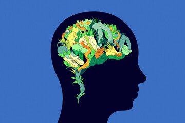 Man’s head full of green fashion items