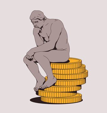 The Thinker sitting on top of pile of coins