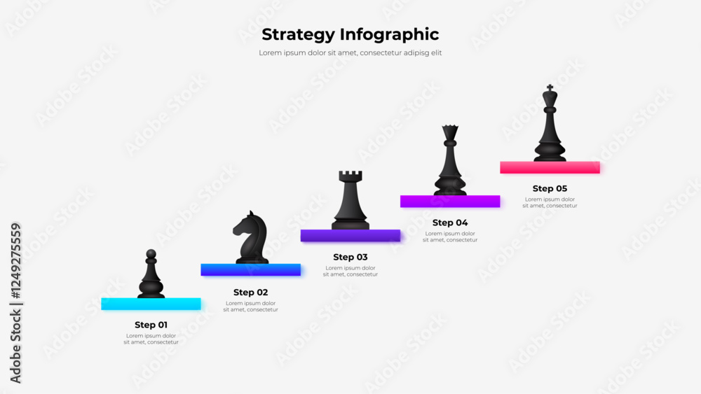 Aufkleber Infographic business strategy steps with chess pieces arranged in ascending hierarchy. Strategic planning and progression concepts effectively