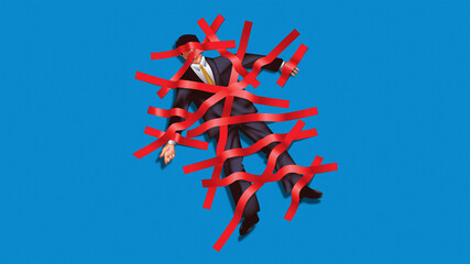 Businessman stuck to the floor by red tape