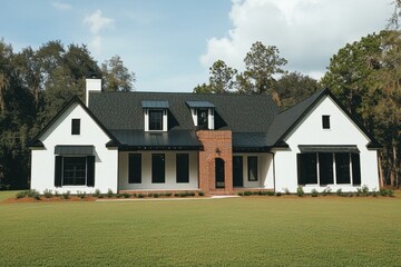 New modern farmhouse with a black roof and white exterior, situated on a spacious green lawn under a clear sky in a tranquil setting